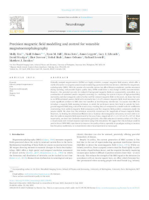 Precision magnetic field modelling and control for wearable magnetoencephalography Thumbnail