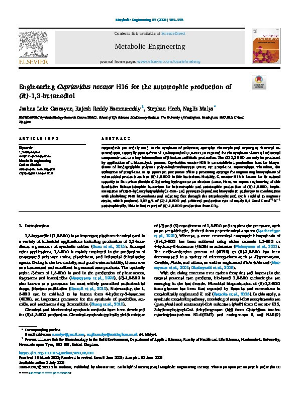 Engineering Cupriavidus necator H16 for the autotrophic production of (R)-1,3-butanediol Thumbnail