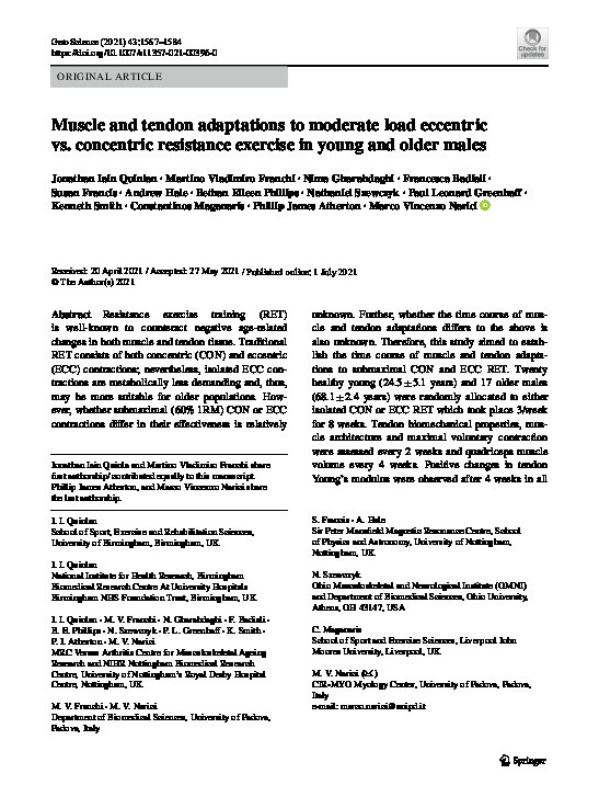 Muscle and tendon adaptations to moderate load eccentric vs. concentric resistance exercise in young and older males Thumbnail