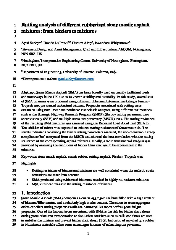 Rutting analysis of different rubberised stone mastic asphalt mixtures: from binders to mixtures Thumbnail