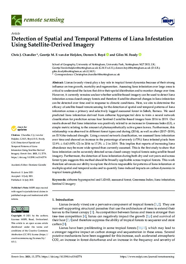 Detection of spatial and temporal patterns of liana infestation using satellite-derived imagery Thumbnail