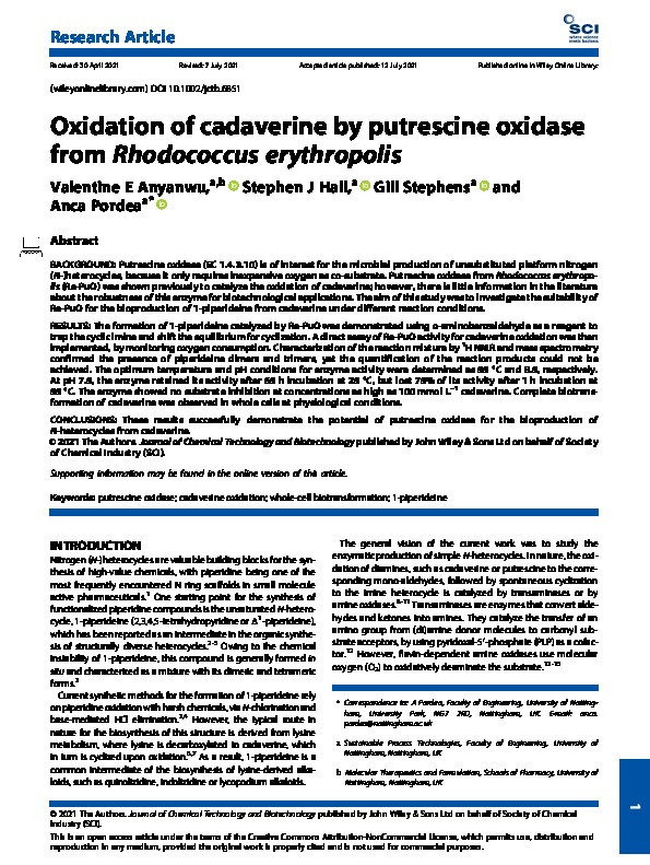 Oxidation of cadaverine by putrescine oxidase from Rhodococcus erythropolis Thumbnail