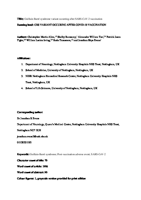 Guillain–Barré Syndrome Variant Occurring after SARS-CoV-2 Vaccination Thumbnail