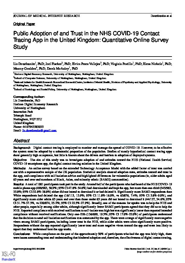 Public Adoption of and Trust in the NHS COVID-19 Contact Tracing App in the United Kingdom: Quantitative Online Survey Study Thumbnail