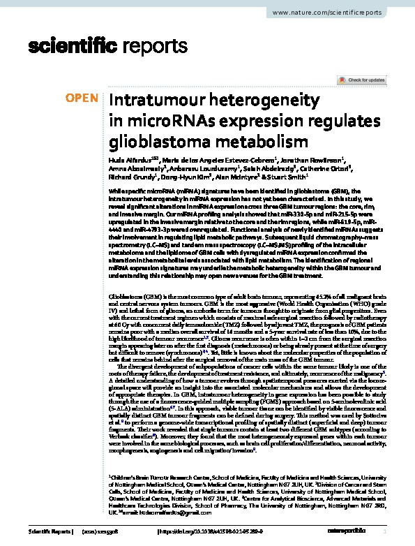 Intratumour heterogeneity in microRNAs expression regulates glioblastoma metabolism Thumbnail