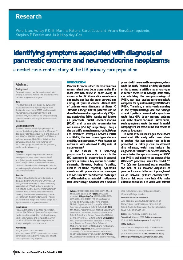 Identifying symptoms associated with diagnosis of pancreatic exocrine and neuroendocrine neoplasms: A nested case-control study of the UK primary care population Thumbnail