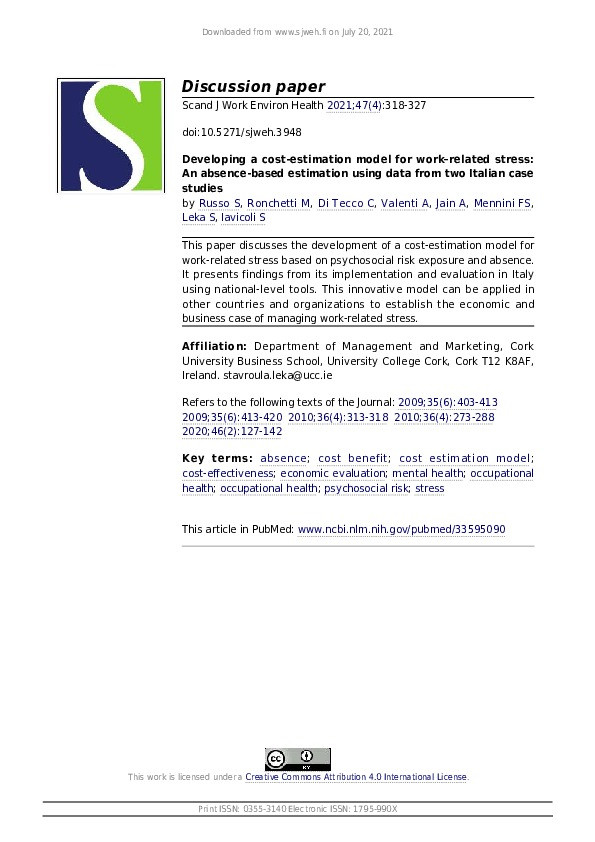 Developing a cost-estimation model for work-related stress: An absence-based estimation using data from two Italian case studies Thumbnail