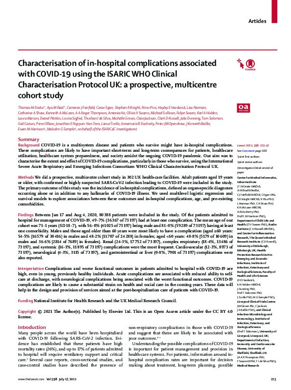 Characterisation of in-hospital complications associated with COVID-19 using the ISARIC WHO Clinical Characterisation Protocol UK: a prospective, multicentre cohort study Thumbnail