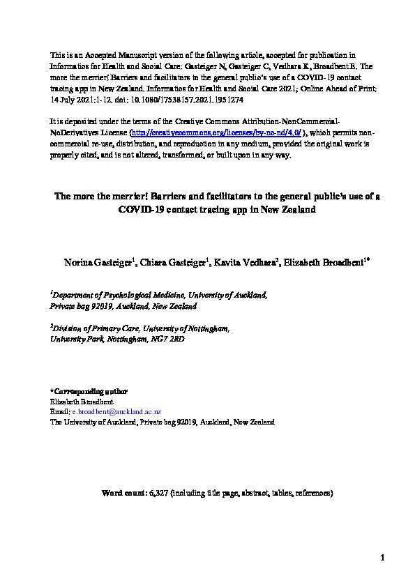 The more the merrier! Barriers and facilitators to the general public’s use of a COVID-19 contact tracing app in New Zealand Thumbnail