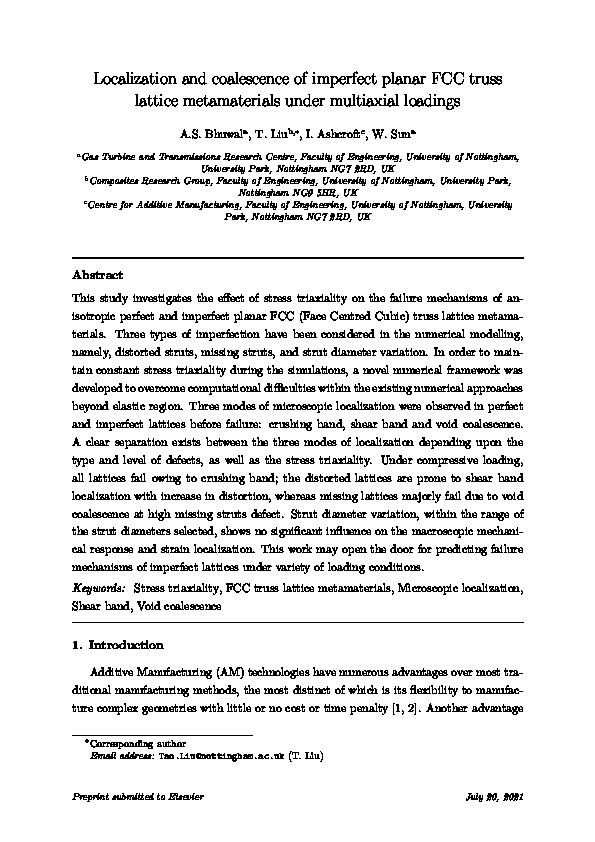 Localization and coalescence of imperfect planar FCC truss lattice metamaterials under multiaxial loadings Thumbnail