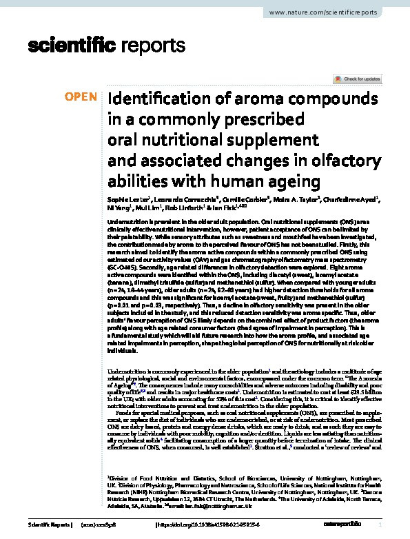Identification of aroma compounds in a commonly prescribed oral nutritional supplement and associated changes in olfactory abilities with human ageing Thumbnail