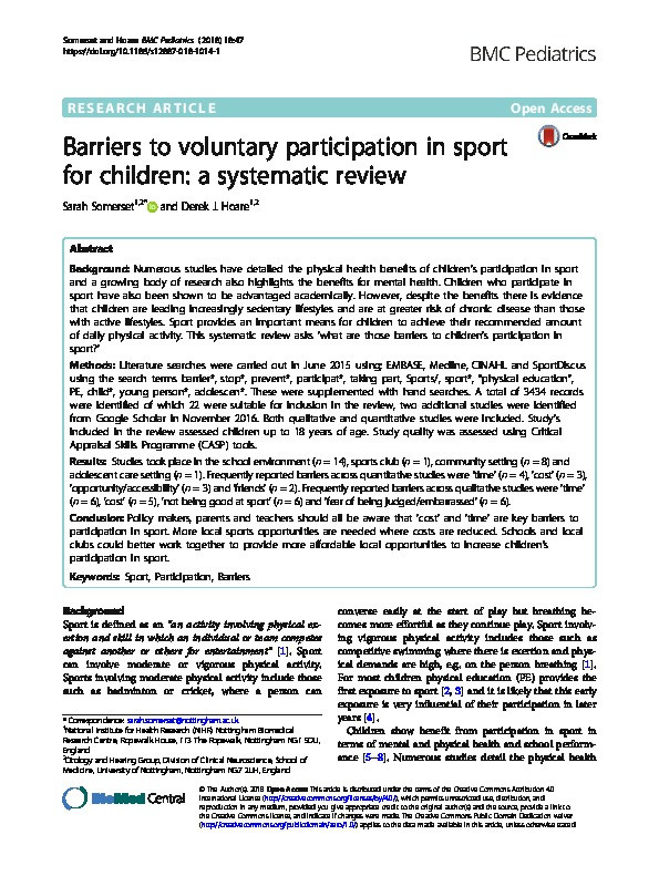 Barriers to voluntary participation in sport for children: a systematic review Thumbnail