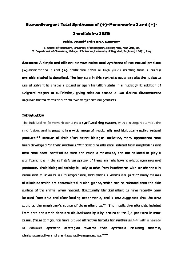 Stereodivergent Total Syntheses of (+)‐Monomorine I and (+)‐Indolizidine 195B Thumbnail