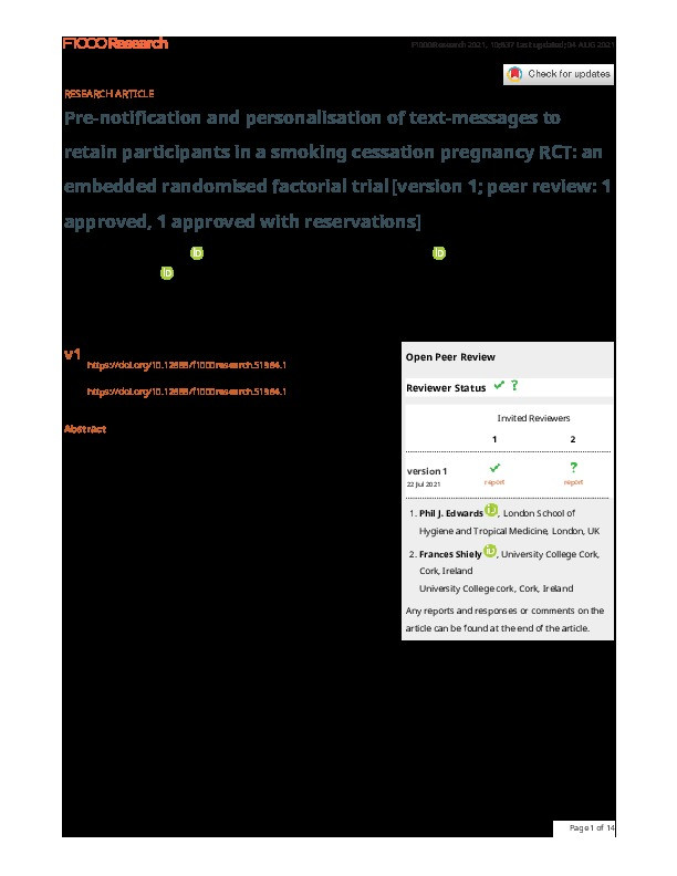 Pre-notification and personalisation of text-messages to retain participants in a smoking cessation pregnancy RCT: an embedded randomised factorial trial Thumbnail