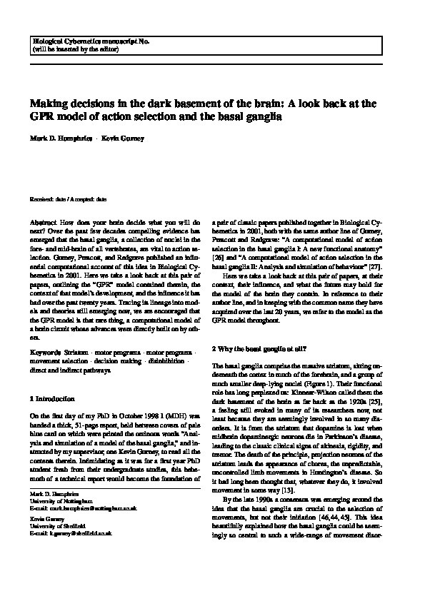 Making decisions in the dark basement of the brain: A look back at the GPR model of action selection and the basal ganglia Thumbnail