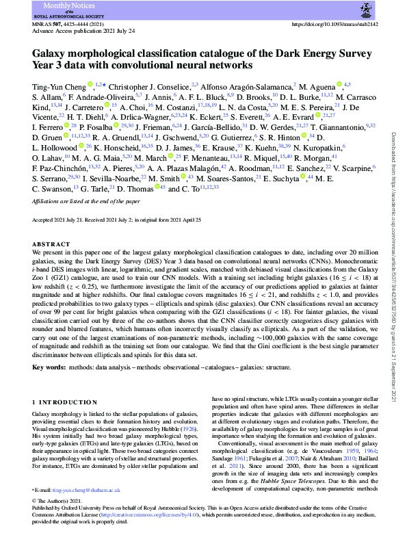 Galaxy Morphological Classification Catalogue of the Dark Energy Survey Year 3 data with Convolutional Neural Networks Thumbnail