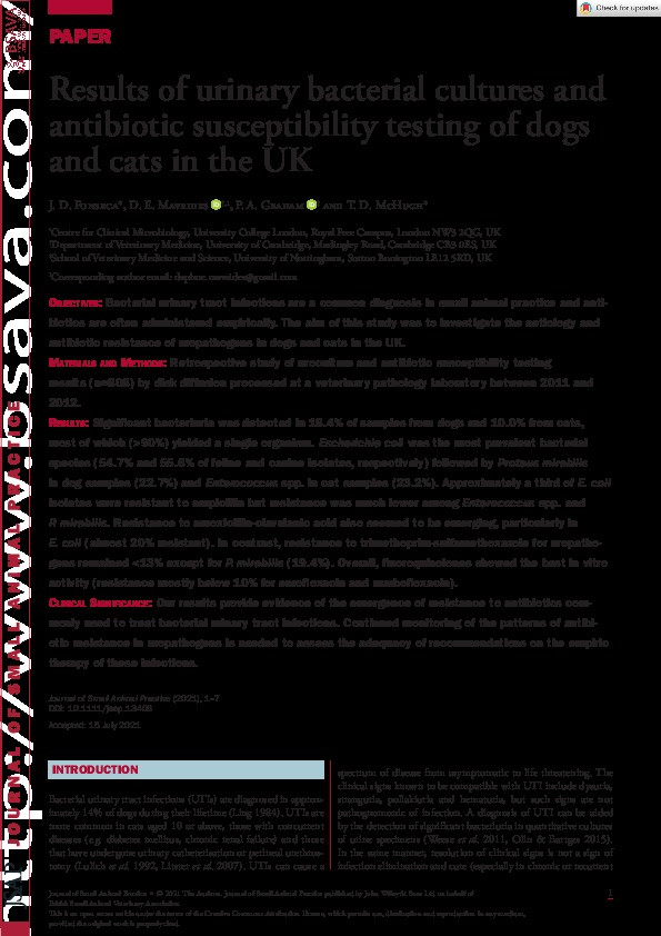 Results of urinary bacterial cultures and antibiotic susceptibility testing of dogs and cats in the UK Thumbnail