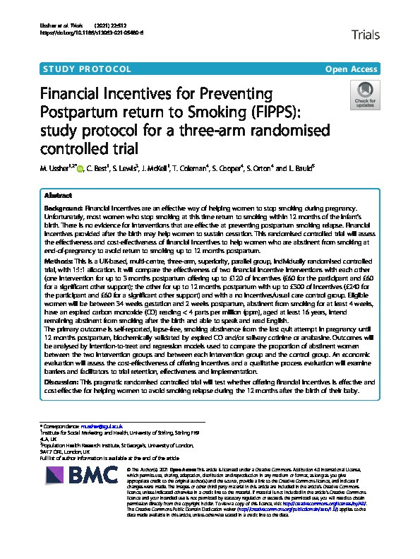 Financial Incentives for Preventing Postpartum return to Smoking (FIPPS): study protocol for a three-arm randomised controlled trial Thumbnail