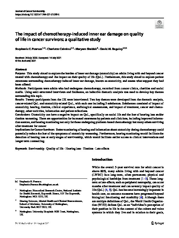 The impact of chemotherapy-induced inner ear damage on quality of life in cancer survivors: a qualitative study Thumbnail