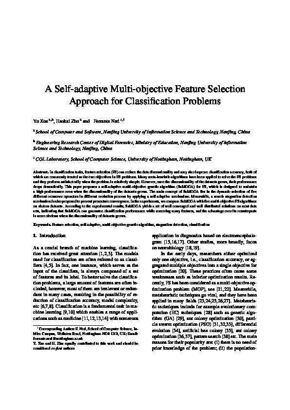 A self-adaptive multi-objective feature selection approach for classification problems Thumbnail
