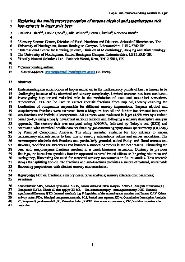 Exploring the multisensory perception of terpene alcohol and sesquiterpene rich hop extracts in lager style beer Thumbnail