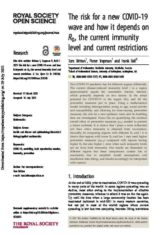 The risk for a new COVID-19 wave and how it depends on R 0, the current immunity level and current restrictions Thumbnail