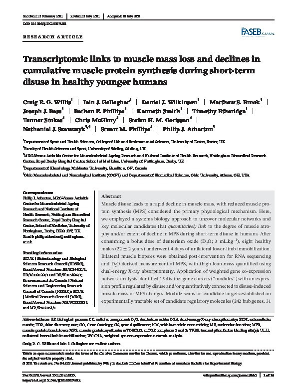 Transcriptomic links to muscle mass loss and declines in cumulative muscle protein synthesis during short-term disuse in healthy younger humans Thumbnail