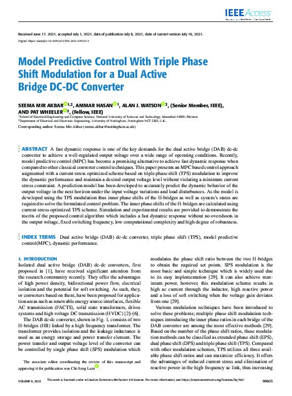 Model Predictive Control with Triple Phase Shift Modulation for a Dual Active Bridge DC-DC Converter Thumbnail