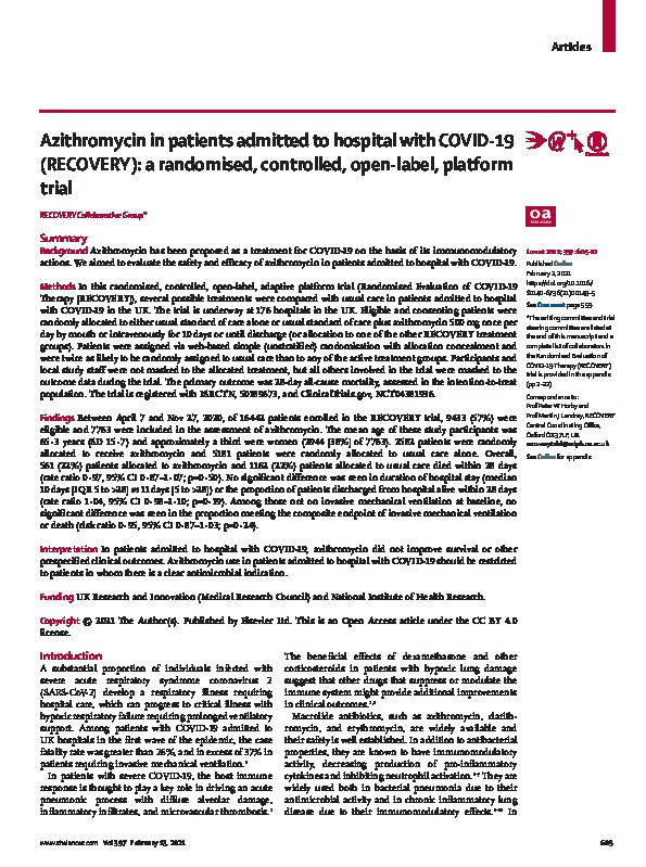Azithromycin in patients admitted to hospital with COVID-19 (RECOVERY): a randomised, controlled, open-label, platform trial Thumbnail