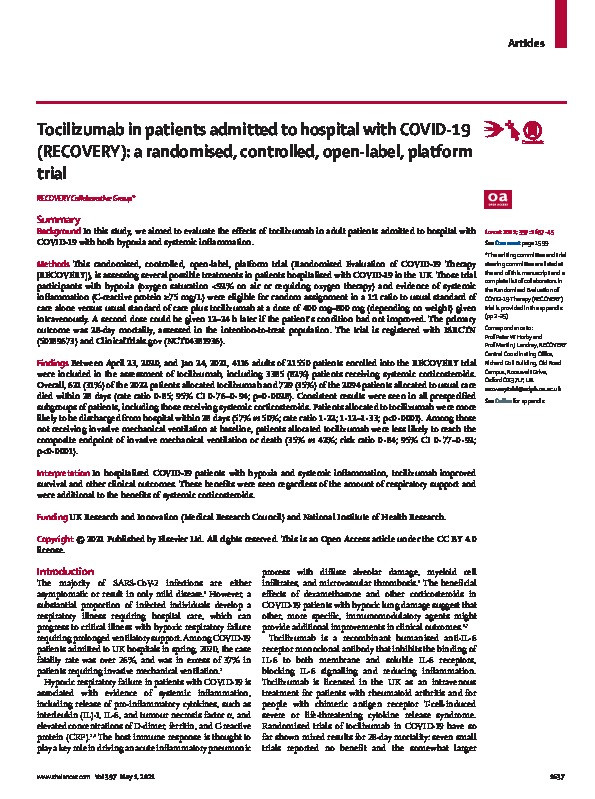 Tocilizumab in patients admitted to hospital with COVID-19 (RECOVERY): a randomised, controlled, open-label, platform trial Thumbnail