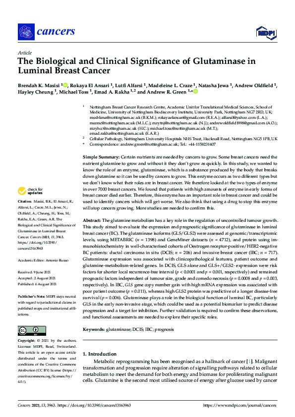 The Biological and Clinical Significance of Glutaminase in Luminal Breast Cancer Thumbnail