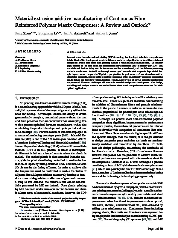 Material extrusion additive manufacturing of continuous fibre reinforced polymer matrix composites: A review and outlook Thumbnail