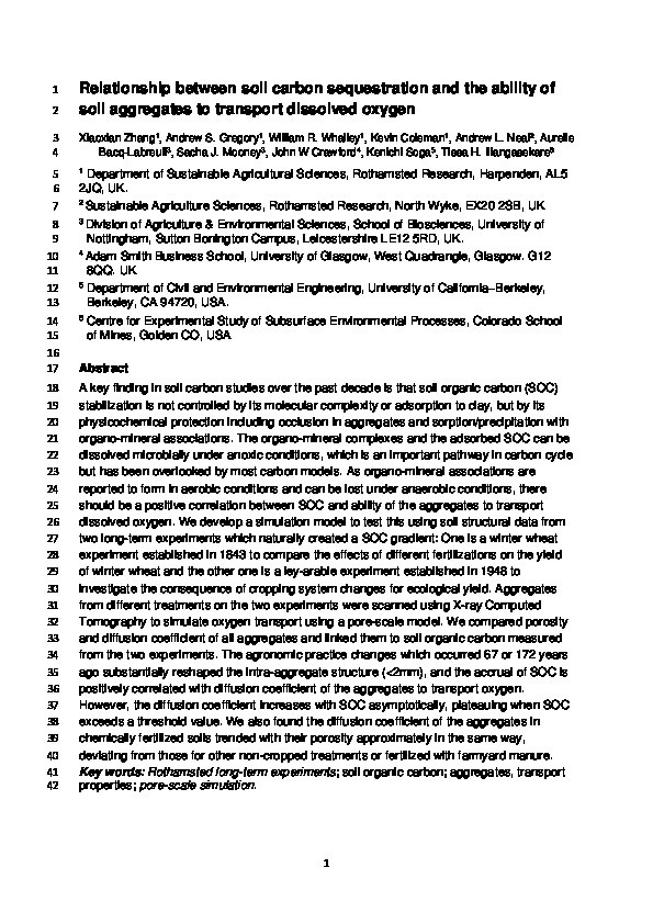 Relationship between soil carbon sequestration and the ability of soil aggregates to transport dissolved oxygen Thumbnail