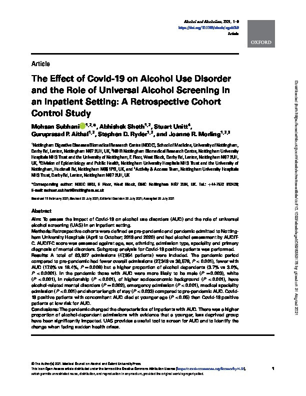The Effect of Covid-19 on Alcohol Use Disorder and the Role of Universal Alcohol Screening in an Inpatient Setting: A Retrospective Cohort Control Study Thumbnail