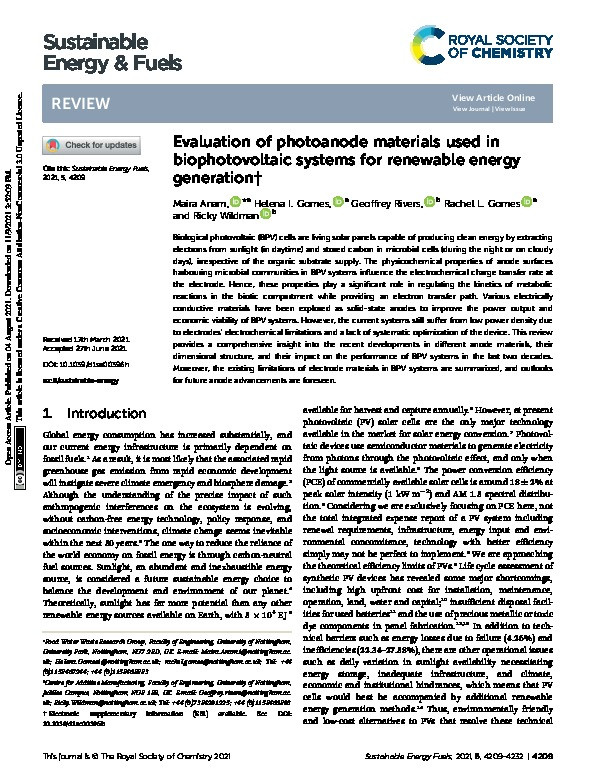 Evaluation of photoanode materials used in biophotovoltaic systems for renewable energy generation Thumbnail