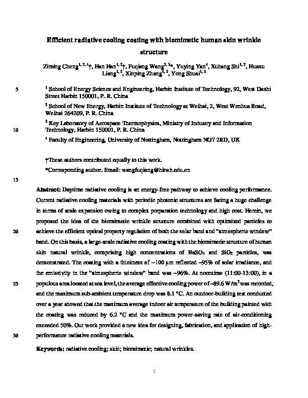 Efficient radiative cooling coating with biomimetic human skin wrinkle structure Thumbnail