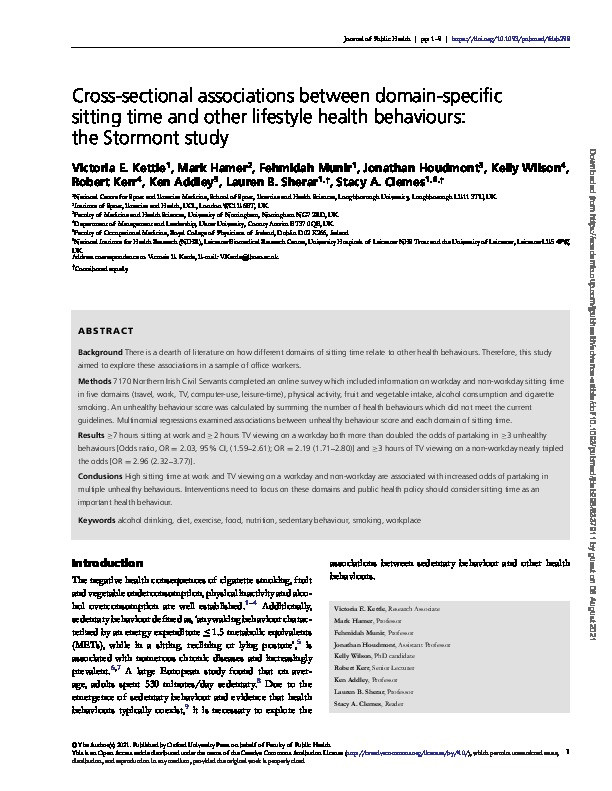 Cross-sectional associations between domain-specific sitting time and other lifestyle health behaviours: the Stormont study Thumbnail