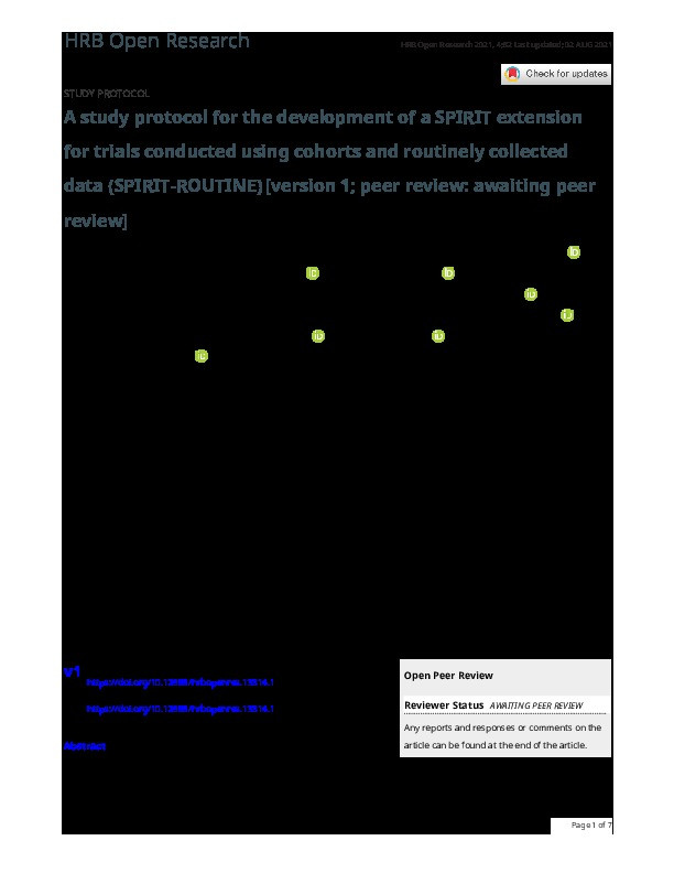 A study protocol for the development of a SPIRIT extension for trials conducted using cohorts and routinely collected data (SPIRIT-ROUTINE) [version 1; peer review: awaiting peer review] Thumbnail