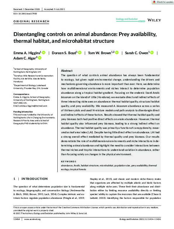Disentangling controls on animal abundance: Prey availability, thermal habitat, and microhabitat structure Thumbnail
