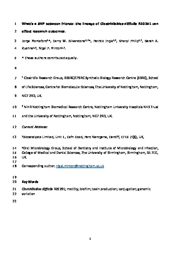 What's a SNP between friends: The lineage of Clostridioides difficile R20291 can effect research outcomes Thumbnail