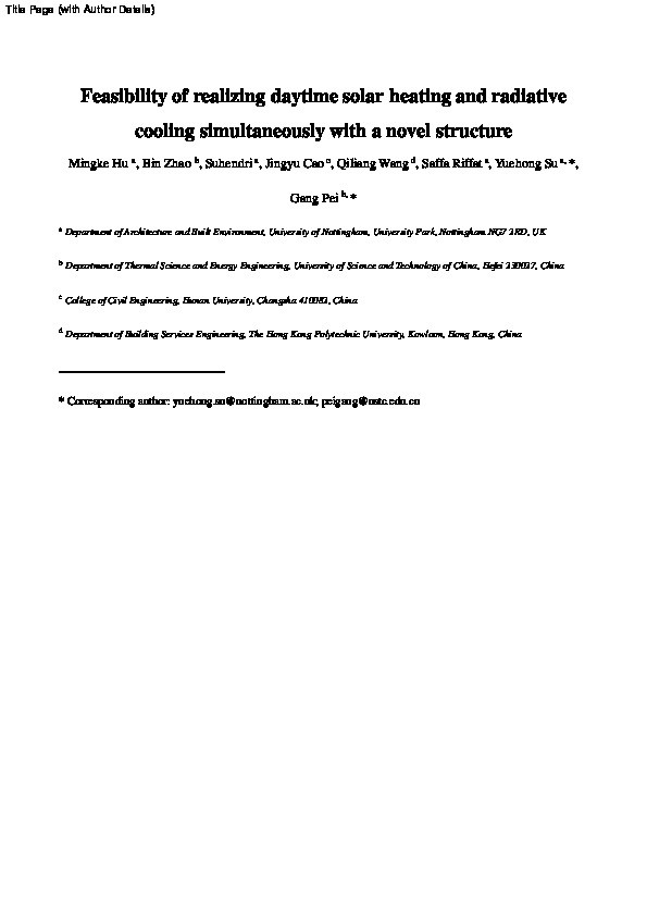 Feasibility of realizing daytime solar heating and radiative cooling simultaneously with a novel structure Thumbnail