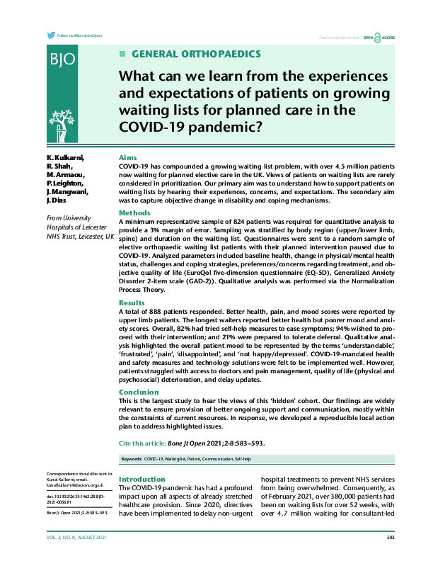 What can we learn from the experiences and expectations of patients on growing waiting lists for planned care in the COVID-19 pandemic? Thumbnail