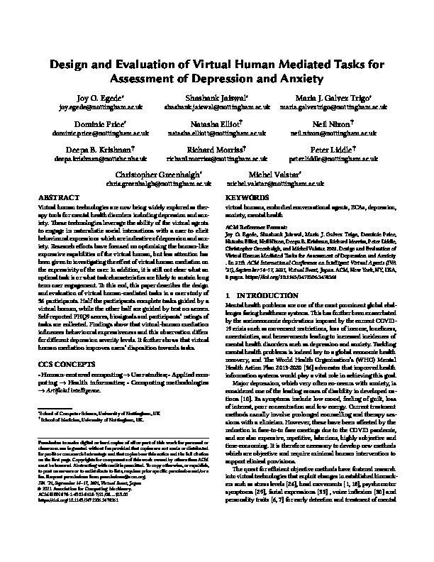 Design and Evaluation of Virtual Human Mediated Tasks for Assessment of Depression and Anxiety Thumbnail