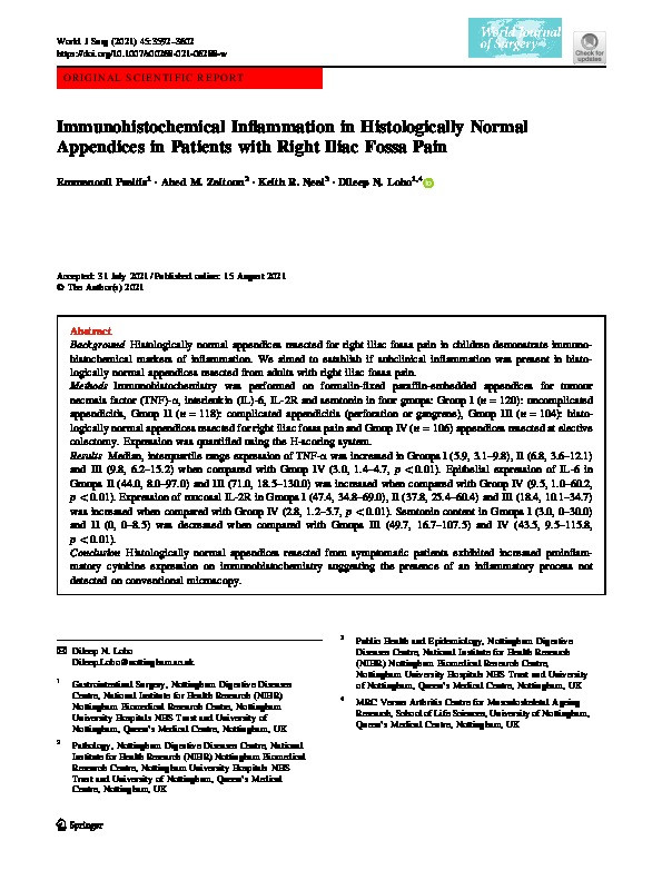 Immunohistochemical inflammation in histologically normal appendices in patients with right iliac fossa pain Thumbnail