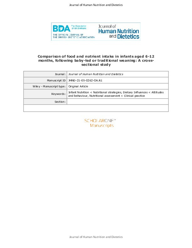 Comparison of food and nutrient intake in infants aged 6–12 months, following baby-led or traditional weaning: A cross-sectional study Thumbnail