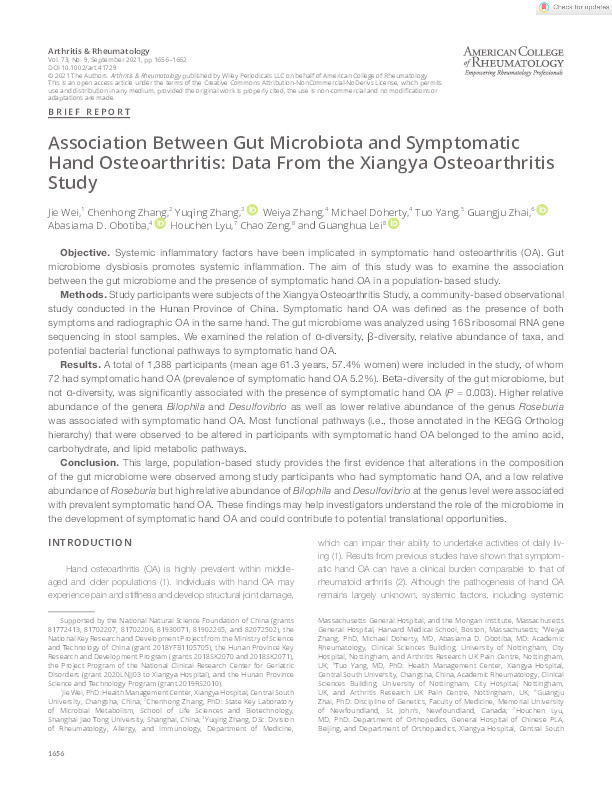 Association Between Gut Microbiota and Symptomatic Hand Osteoarthritis: Data From the Xiangya Osteoarthritis Study Thumbnail