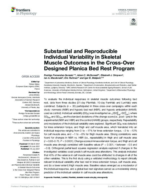 Substantial and Reproducible Individual Variability in Skeletal Muscle Outcomes in the Cross-Over Designed Planica Bed Rest Program Thumbnail