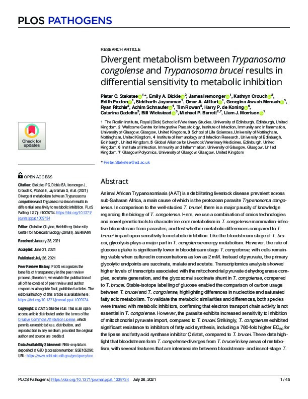 Divergent metabolism between Trypanosoma congolense and Trypanosoma brucei results in differential sensitivity to metabolic inhibition Thumbnail