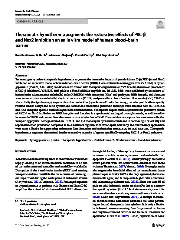 Therapeutic hypothermia augments the restorative effects of PKC-β and Nox2 inhibition on an in vitro model of human blood–brain barrier Thumbnail