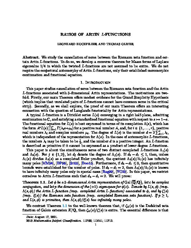 Ratios of Artin L-functions Thumbnail